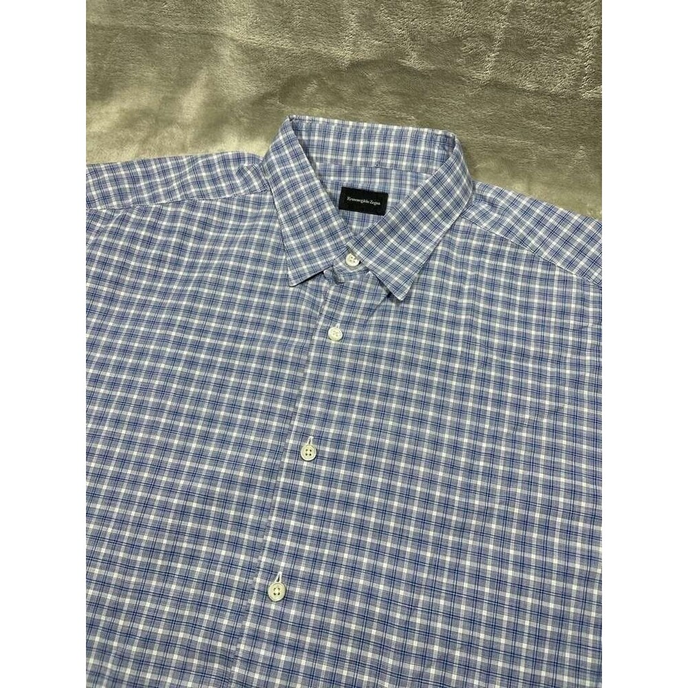 Ermenegildo Zegna Button Down Dress Shirt Men XXL Blue Plaid Long Sleeve